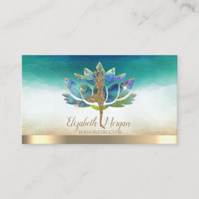 Tarjeta De Visita Elegante Chica Purpurina de yoga, Blue Lotus (Anverso)
