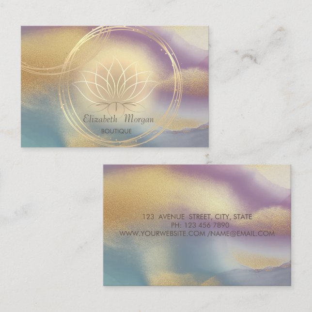 Tarjeta De Visita Elegante Círculos de Oro Lotus Holográfico de colo (Anverso / Reverso)