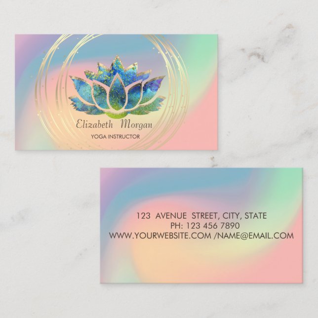 Tarjeta De Visita Elegante Círculos de Oro Lotus Pastel Holográfico (Anverso / Reverso)