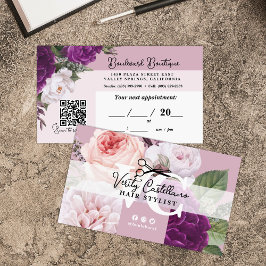 Tarjeta De Visita Elegante cita Mauve Floral Hair Stylist QR