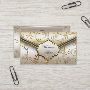 Tarjeta De Visita Elegante Clásico Damask Caramelo Crema Beige Dorad