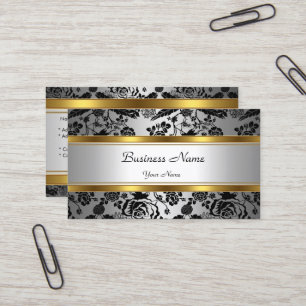 Tarjeta De Visita Elegante Clásico Dorado Gris Floral negro plateado