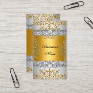 Tarjeta De Visita Elegante Clásico Encaje Dorado Plateado Blanco
