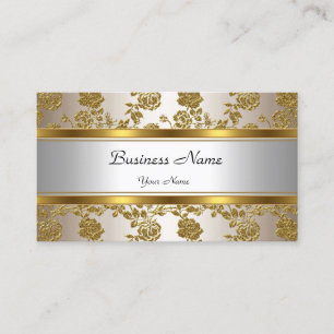 Tarjeta De Visita Elegante Clásico Floral Dorado Crema