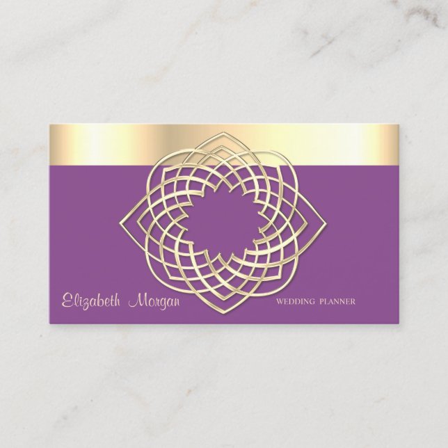 Tarjeta De Visita Elegante Clásico Moderno, Violeta, Faux Gold Borde (Anverso)