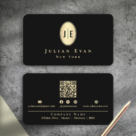 Tarjeta De Visita Elegante Clásico Monograma Ovalado Negro y Dorado 