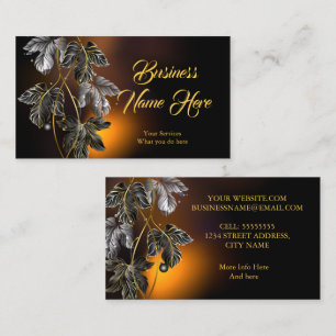 Tarjeta De Visita Elegante Clásico Negro Hojas de Oro Bronce Resplan