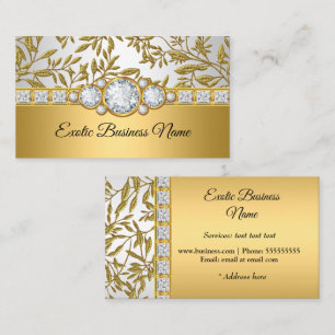 Tarjeta De Visita Elegante Clásico Oro Damasco Floral Blanco