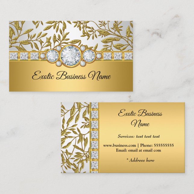 Tarjeta De Visita Elegante Clásico Oro Damasco Floral Blanco (Anverso / Reverso)