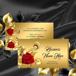 Tarjeta De Visita Elegante Clásico Rosa Dorada Hoja Floral Oro Rojo