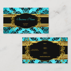 Tarjeta De Visita Elegante Clásico Turquesa Azul Dorado Damask Flora