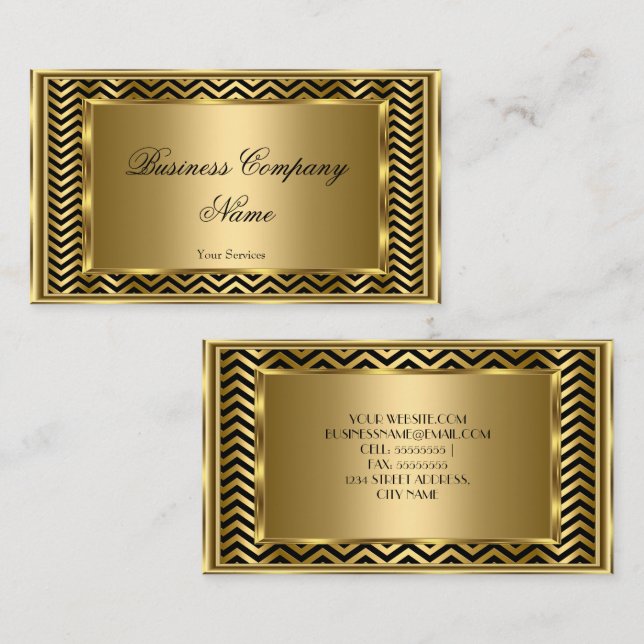 Tarjeta De Visita Elegante Classy Gold Black Frame Chevron Stripe (Anverso / Reverso)