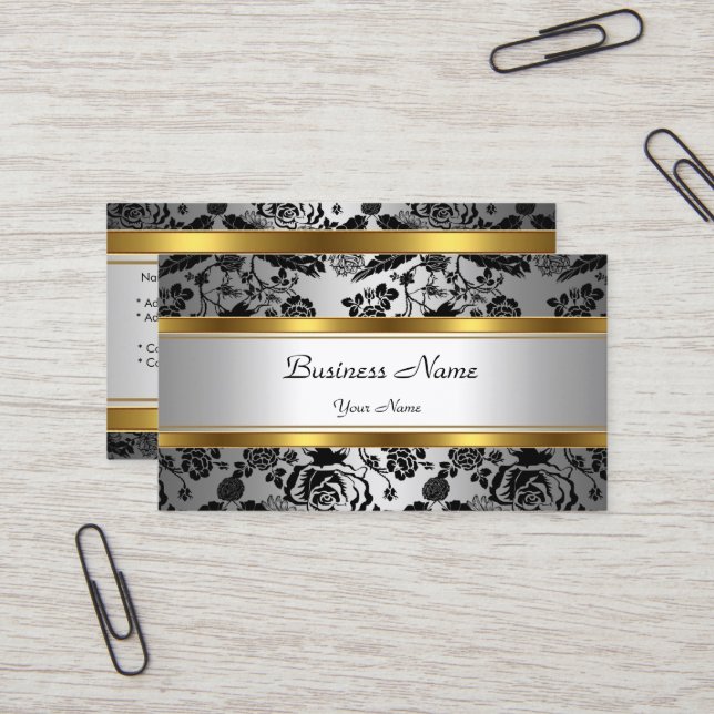 Tarjeta De Visita Elegante Classy Gold Gray Floral plata negra (Anverso/Reverso In Situ)