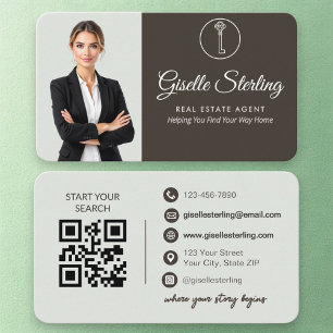 Tarjeta De Visita Elegante código QR de agente inmobiliario en verde