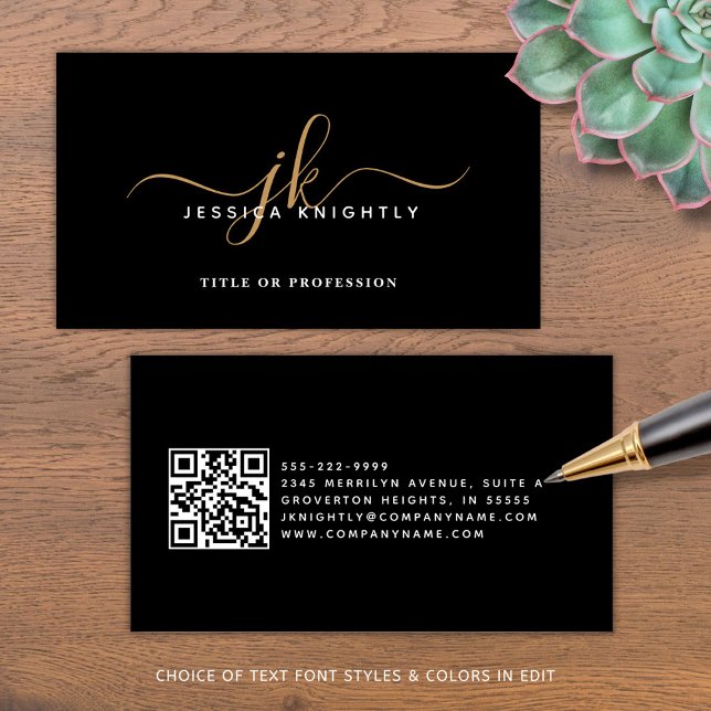 Tarjeta De Visita Elegante código QR de escritura de monograma negro (Subido por el creador)