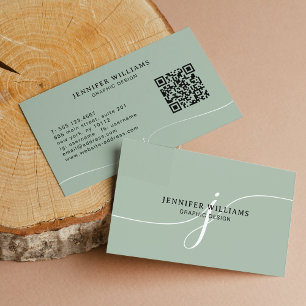 Tarjeta De Visita Elegante código QR de escritura verde de sabio sen