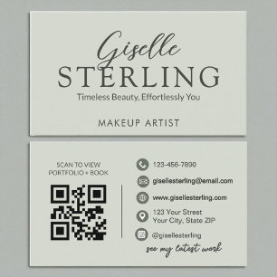 Tarjeta De Visita Elegante código QR de estilo Sage Green Script