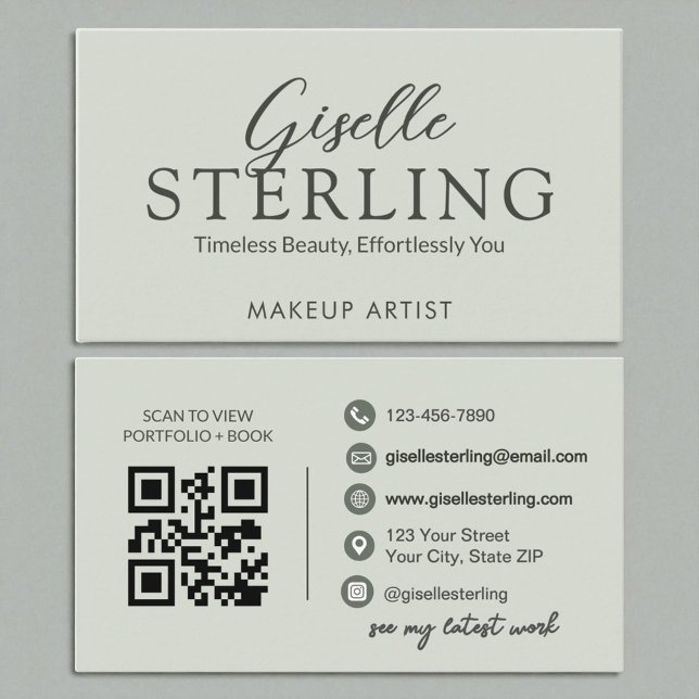 Tarjeta De Visita Elegante código QR de estilo Sage Green Script (Subido por el creador)