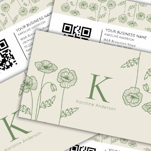 Tarjeta De Visita Elegante Código QR de Flores de Amapola Verde Ecru