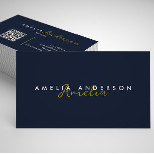 Tarjeta De Visita Elegante código QR de guión azul de la marina