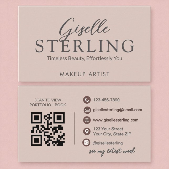 Tarjeta De Visita Elegante código QR de guión rosa de Rubor (Subido por el creador)