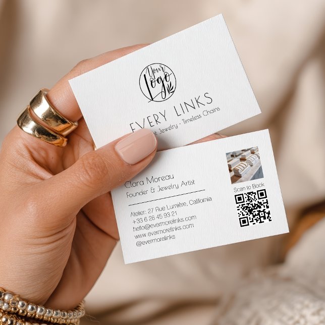 Tarjeta De Visita Elegante código QR de joyería permanente blanco ne (Elegant Black White Permanent Jewelry QR Code Business Card)