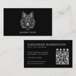 Tarjeta De Visita Elegante código QR de la barbería del lobo de plat