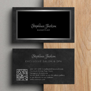 Tarjeta De Visita Elegante código QR de lujo en negro y plata
