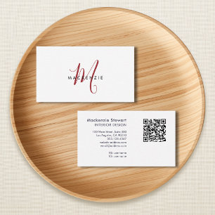 Tarjeta De Visita Elegante Código QR de Monograma con Letra Roja Mod