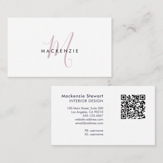 Tarjeta De Visita Elegante Código QR de Monograma con Letra Script R (Anverso / Reverso)