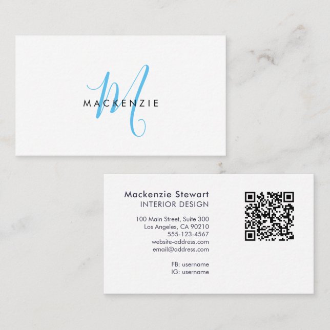 Tarjeta De Visita Elegante Código QR de Monograma de Letra Script Mo (Anverso / Reverso)