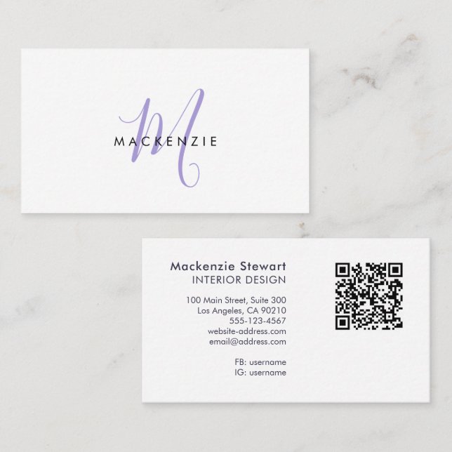 Tarjeta De Visita Elegante Código QR de Monograma de Letra Script Mo (Anverso / Reverso)