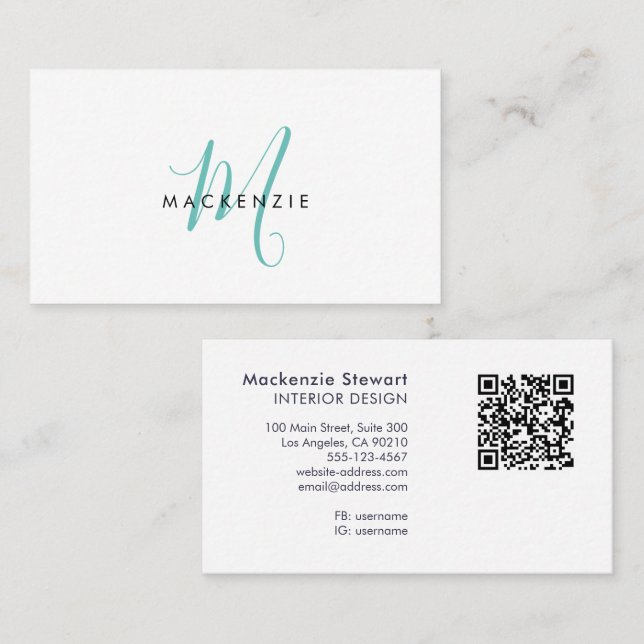 Tarjeta De Visita Elegante Código QR de Monograma de Letra Script Mo (Anverso / Reverso)