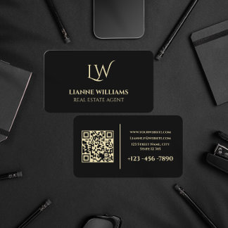 Tarjeta De Visita Elegante Código QR de Monograma de Oro Negro para 