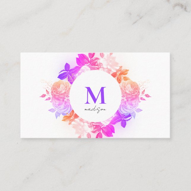Tarjeta De Visita Elegante código QR de monograma floral púrpura ros (Anverso)