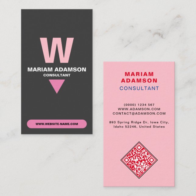 Tarjeta De Visita Elegante (código QR de Monograma) Negro rosa y mat (Anverso / Reverso)