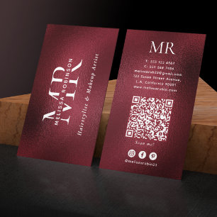 Tarjeta De Visita Elegante Código QR de Monograma Rojo Burdeos para 