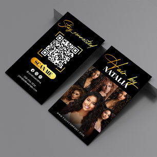 Tarjeta De Visita Elegante código Qr de oro negro y elegante de pelo