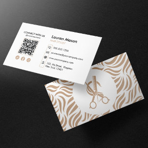 Tarjeta De Visita Elegante código QR de peluquería Biege