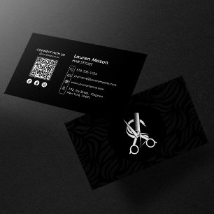 Tarjeta De Visita Elegante código QR de peluquería de peinados negro