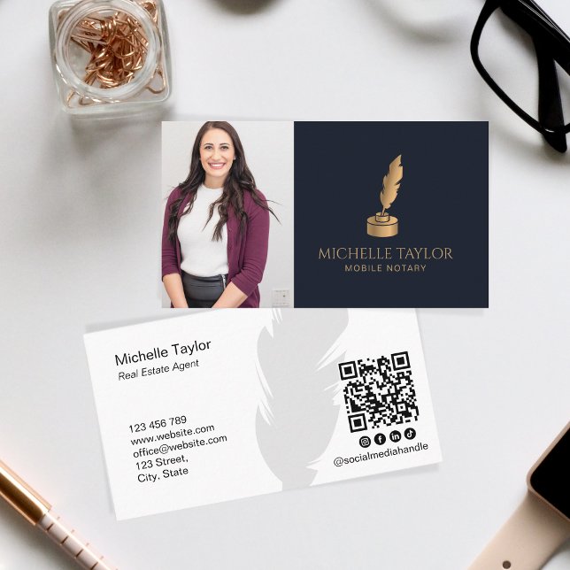 Tarjeta De Visita Elegante código QR del Notario Móvil de la Marina  (Notary Business Card and Logo Design)