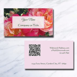 Tarjeta De Visita Elegante Código QR Editable Rosas Rayadas Floral