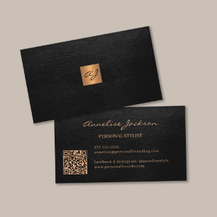 Tarjeta De Visita Elegante código QR en monograma negro dorado de lu