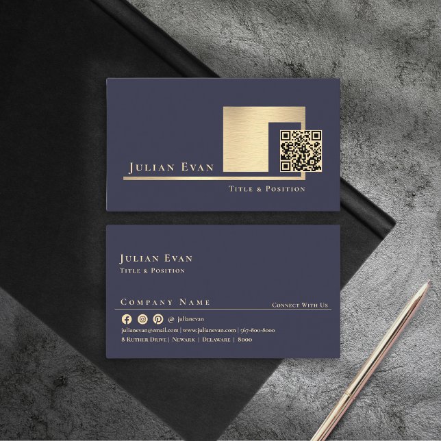 Tarjeta De Visita Elegante código QR escaneado azul y dorado brillan (Elegant Navy Blue and Gold Shiny Scannable QR code Business Card )