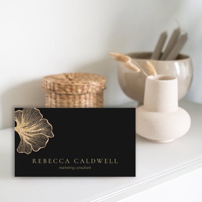 Tarjeta De Visita Elegante código QR floral de oro negro (Elegant Black Gold Floral QR Code Business Card)