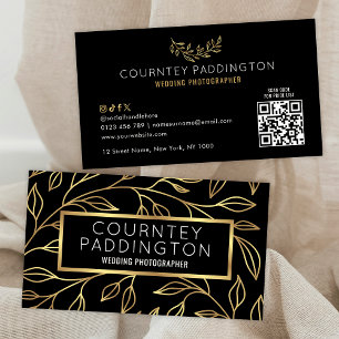 Tarjeta De Visita Elegante código QR floral floral negro y dorado el