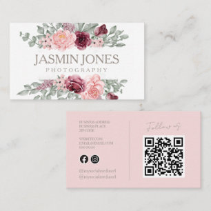 Tarjeta De Visita Elegante código QR floral rosa para fotografía