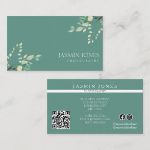 Tarjeta De Visita Elegante código QR floral verde salvia