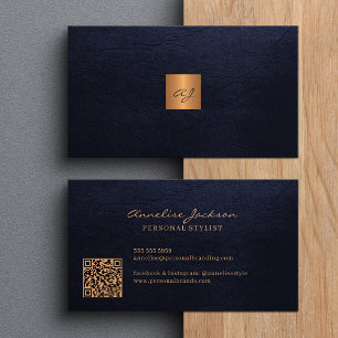 Tarjeta De Visita Elegante código QR moderno monogramado en oro azul