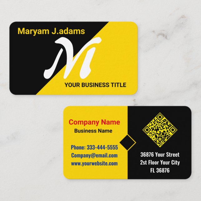 Tarjeta De Visita Elegante (código QR) Monograma moderno Oro negro (Anverso / Reverso)